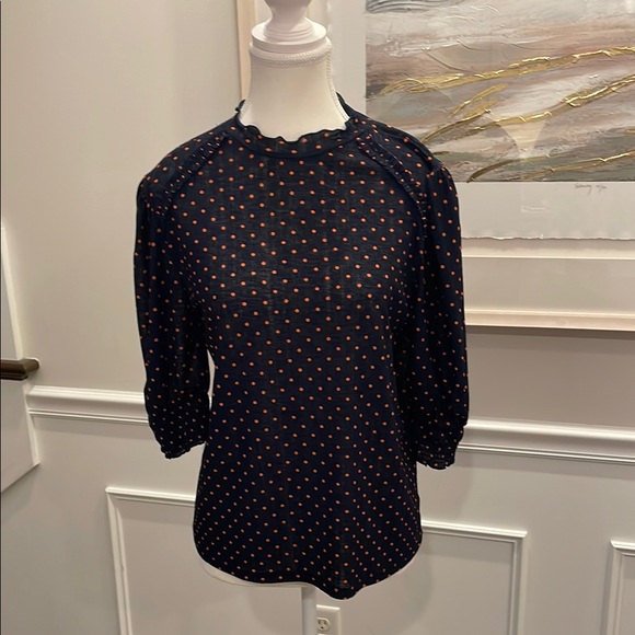 Zara Navy and Burnt Orange Polka Dot Women's Blouse 3/4 Sleeves Stretchy - Picture 1 of 6